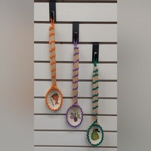 Set of 3 Handmade Wooden Spoon  kitchen Decor Cross Stitching Carrot Berry Pear